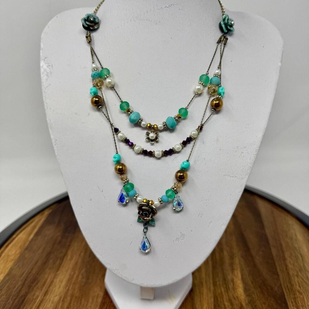 Betsey Johnson Teal Patina Pirate Skull Beaded Flower 3 Tier Chain Necklace